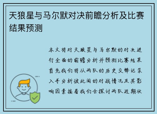 天狼星与马尔默对决前瞻分析及比赛结果预测